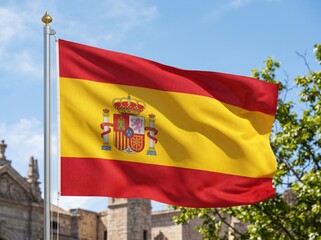 Spanish Flag Waving Proudly Against a Blue Sky with Historic Architecture