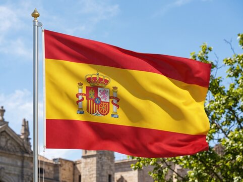 Spanish Flag Waving Proudly Against a Blue Sky with Historic Architecture