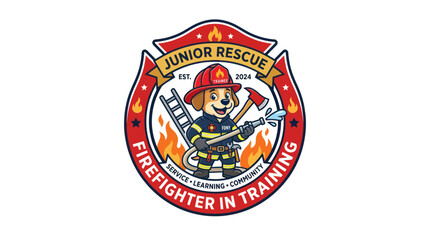 Fototapeta premium Cute cartoon dog firefighter, junior rescue, in training, with axe and hose