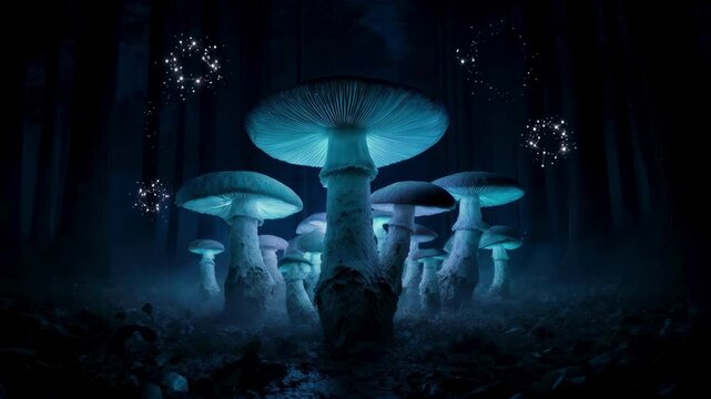 Bioluminescent Giant Mushrooms Releasing Sparkling Spores Forming Temporary Constellations in an Enchanted Fantasy Forest