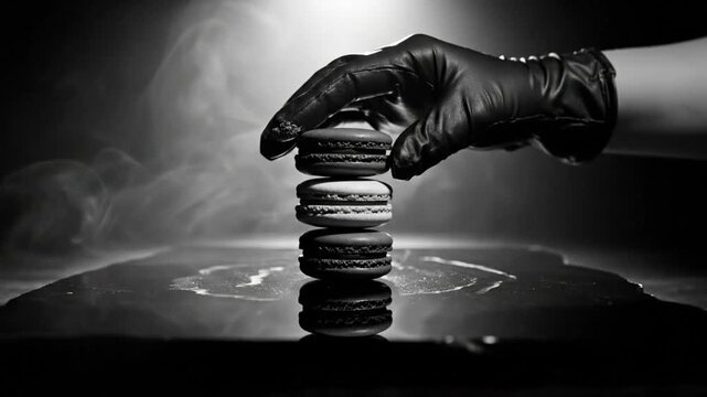 Black and white shot of a gloved hand carefully stacking colorful macarons in dramatic lighting with smoke and reflections