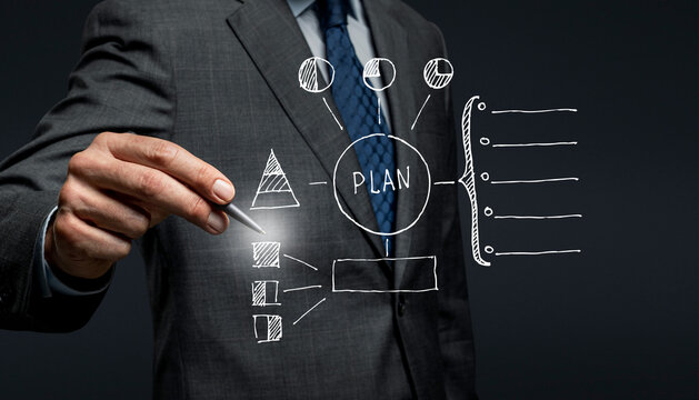 Business Strategy Planning Concept with Hand Drawing Plan Diagram and Process Flow Chart