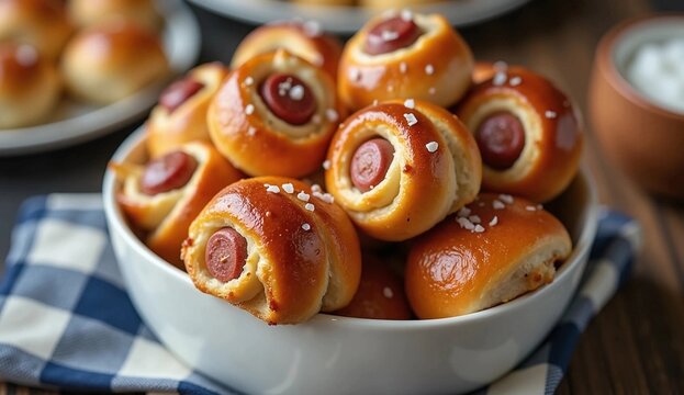 Bowl of mini pigs in a blanket pastry wrapped cocktail sausages topped with coarse salt on a checkered napkin