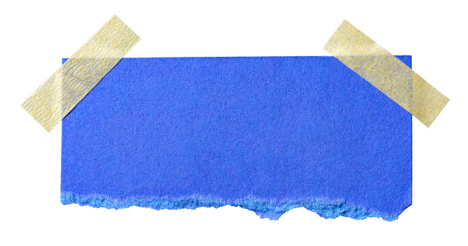 Blue paper note with yellow adhesive sticky tape with copy space for text, isolated cut out transparent png background design element