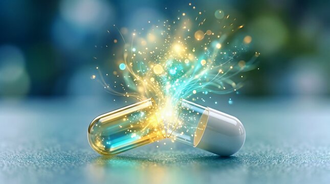 Two Capsules With a Colorful Explosion of Light Between Them
