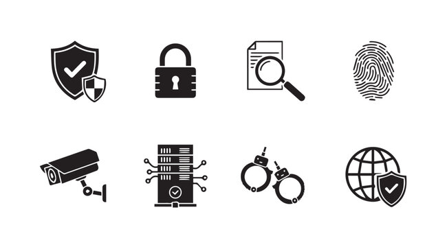 Cybersecurity icons with shield lock magnifying glass fingerprint camera server handcuffs and globe