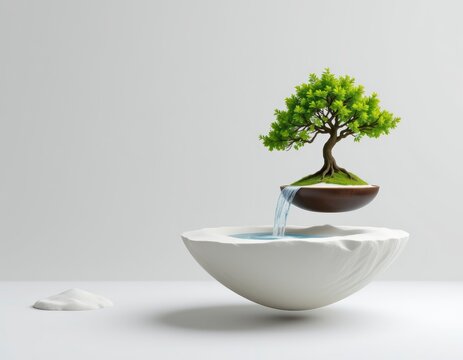 Serene Minimalist Scene with Floating Green Tree and Cascading Water
