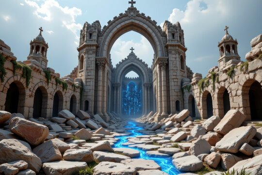 Ancient Cathedral Entrance with Mystical Blue Portal and Ruins