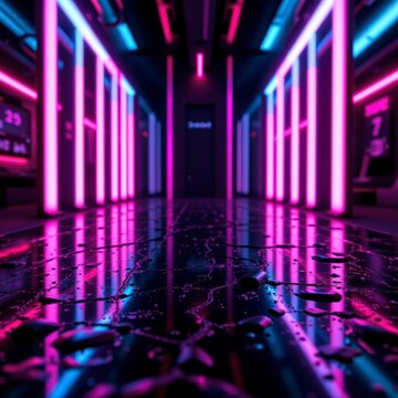 Neonlit Cyberpunk Corridor with Reflective Wet Floor