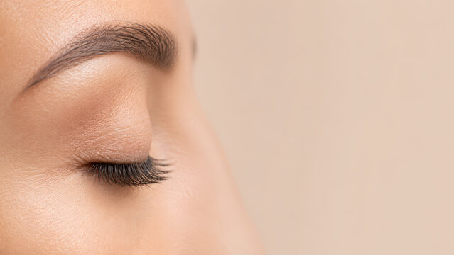 closed female eye with groomed eyebrow and smooth skin on beige background