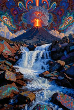 Paesaggio naturale psichedelico e surreale con vulcano in eruzione, cascata e pattern astratti