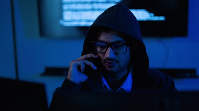 Serious young male hacker wearing a hoodie and glasses talking on a phone in a dark room. Cybercrime, phishing scam, network security threat, and cyber attack concept with blue computer monitor light