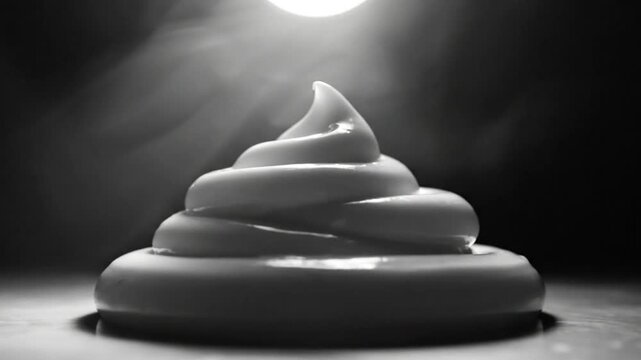 Artistic monochrome close-up of a perfectly swirled and textured cream or icing against a black backdrop