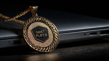Most player medal on gold chain placed near laptop symbolizing national employee appreciation and recognition for outstanding performance