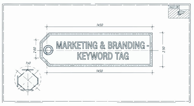 Technical drawing of a tag with dimensions, text "MARKETING & BRANDING - KEYWORD TAG