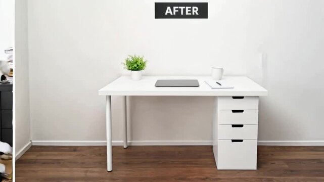 Before and After Workspace Organization: Messy Desk vs Clean Minimalist Office Setup