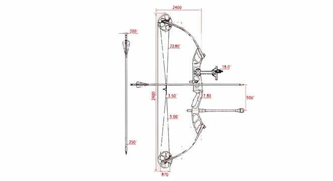 Technical drawing of a compound bow and arrow with dimensions