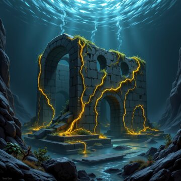 Ancient Ruins Amid Storm with Lightning and Reflective Water
