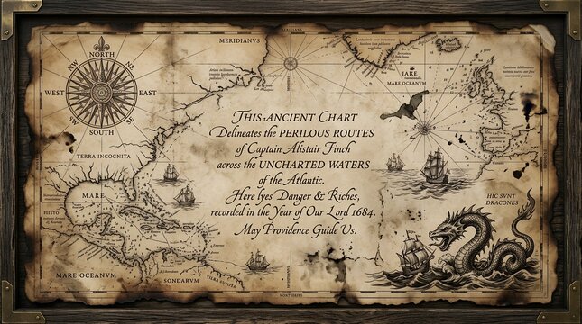 Antique Nautical Chart Compass Rose Frame on Parchment