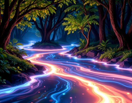 Magical Night Forest with Glowing Stream and Vibrant Lights