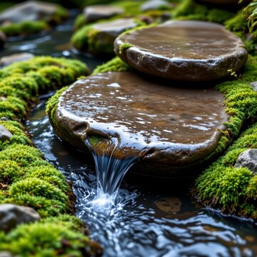 Tranquil Stream with Mosscovered Stones and Gentle Flow