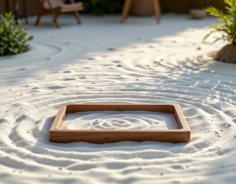 Relaxed Outdoor Scene with Sand Art Frame and Greenery