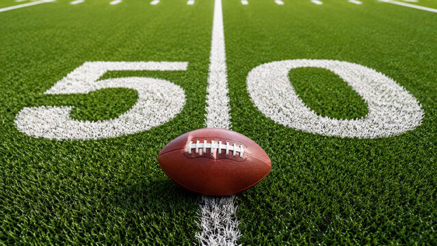 American football ball sitting on the fifty yard line of a green grass field during a professional game