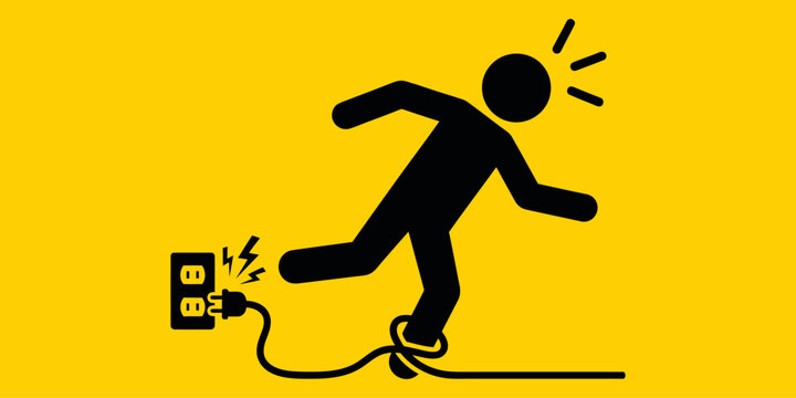 Electrical hazard illustration person tripping over power cord with sparking outlet