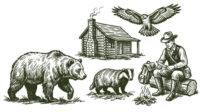 Vintage hunting vector set with wild boar hogs, deer, and archer. Hand drawn forest animals and pheasant birds on parchment background.
