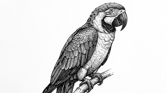 Detailed macaw parrot engraving in black and white line art style representing tropical nature [with copy space]
