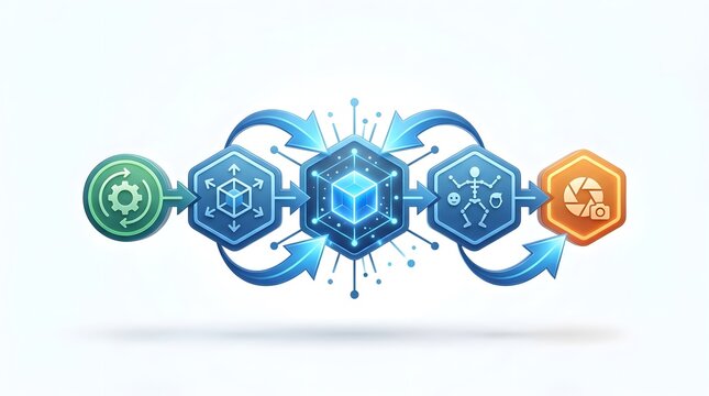 A blue and green flowchart with various icons on a white background