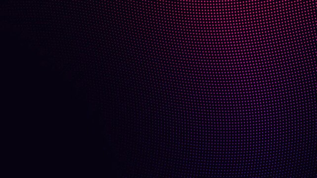 Abstract cyber background loop featuring a waving neon pink and purple halftone dot mesh over a dark backdrop. Perfect for minimalist technology and futuristic presentation slides
