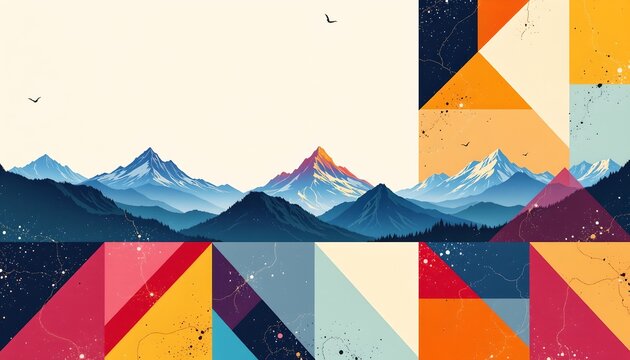 A vibrant, abstract landscape composed of geometric shapes in various shades of orange, yellow, blue, and red, creating an impressionistic representation of nature