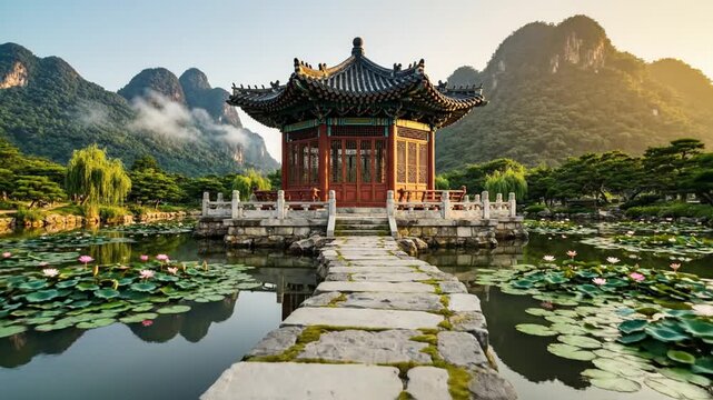 Traditional pavilion on lotus pond with misty karst mountains