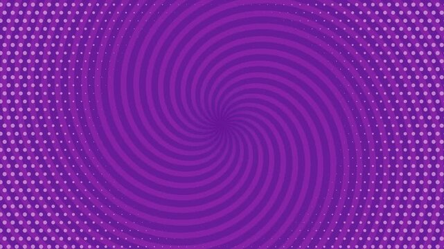 Vibrant pop art background loop featuring a spinning purple hypnotic spiral vortex decorated with a classic retro halftone dot pattern. Ideal for comic style promo intros and fun slides