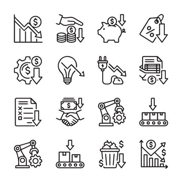 Financial decline icons with downward arrows and dollar signs indicating cost reduction and budget cuts