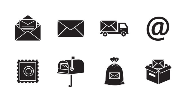 Mail and Delivery Icons in Silhouette with a Clean White Background