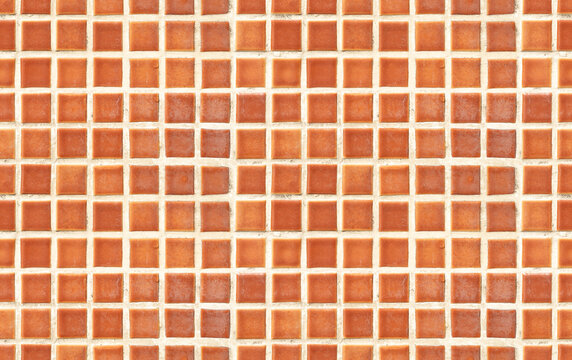 Seamless terracotta tile texture background with orange mosaic square blocks and rustic ceramic grid for interior mockup design