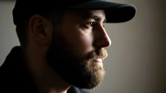 A contemplative portrait of a bearded man wearing a dark baseball cap in profile