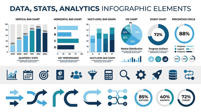 Business icons set infographic vector illustration with charts graphs maps diagrams data elements symbols design report pie chart and web elements