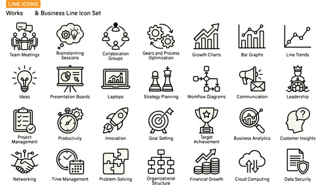 premium Workshop & Business Line Icon Set featuring 28 editable vector icons arranged in a clean, evenly spaced grid layout on a very light gray or off