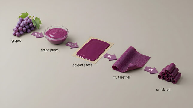 Grape fruit leather production process workflow infographic showing steps from fresh fruit blending to spreading drying and rolling into a delicious healthy snack