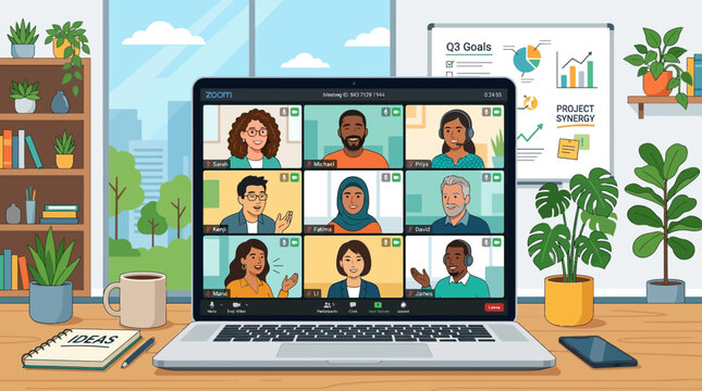 A smiling business team and a happy family collage a montage of people, a couple, and a child working on a laptop and computer together, sharing love and communication across every screen