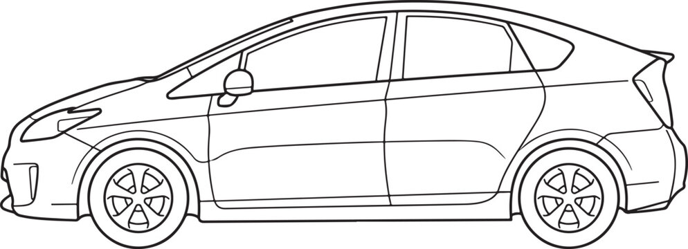 Simple black and white line drawing of a modern hatchback car viewed from the side profile against a white background