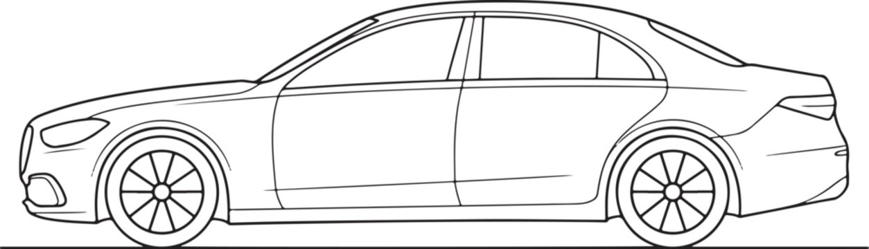 Detailed side profile line art illustration of a sleek luxury sedan car drawn with clean black strokes on white background