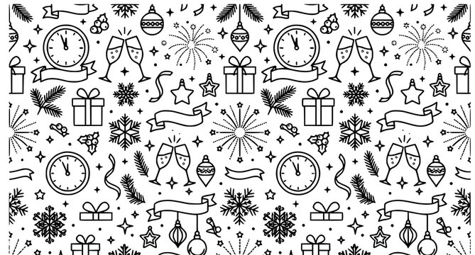 New year's eve seamless pattern with clocks gifts and fireworks black and white