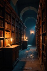 Fototapeta premium Dusty, candlelit library; ancient tomes, shadowed shelves, leather-bound, ambiance, history