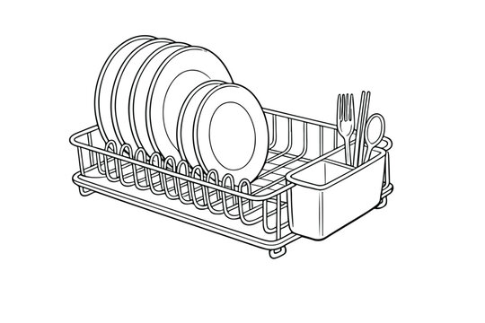 Minimalist dish drying rack vector illustration, kitchen counter organizer with plates and cutlery, black and white line art of a dish drainer