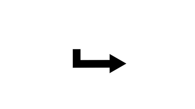Direction arrow symbol right indicator animation on black background. Simple black pointer showing opposite direction. Right direction arrow icon motion graphics animation
