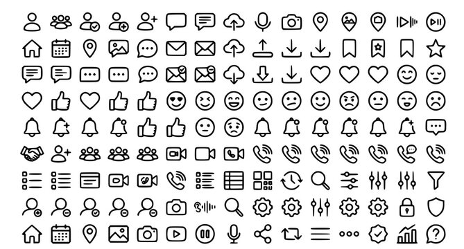 Extensive collection of black linear icons for user interface and digital communication